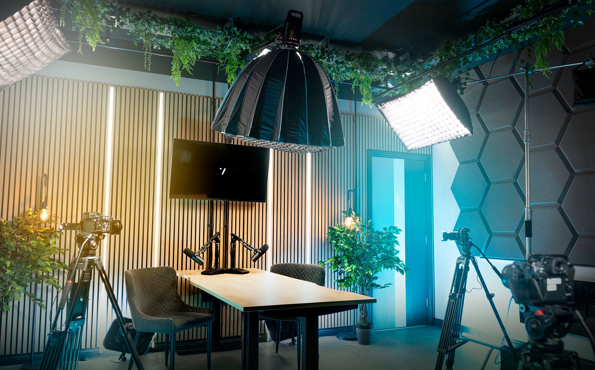 Seven Studios Doncaster podcast set with chairs, microphones and cameras